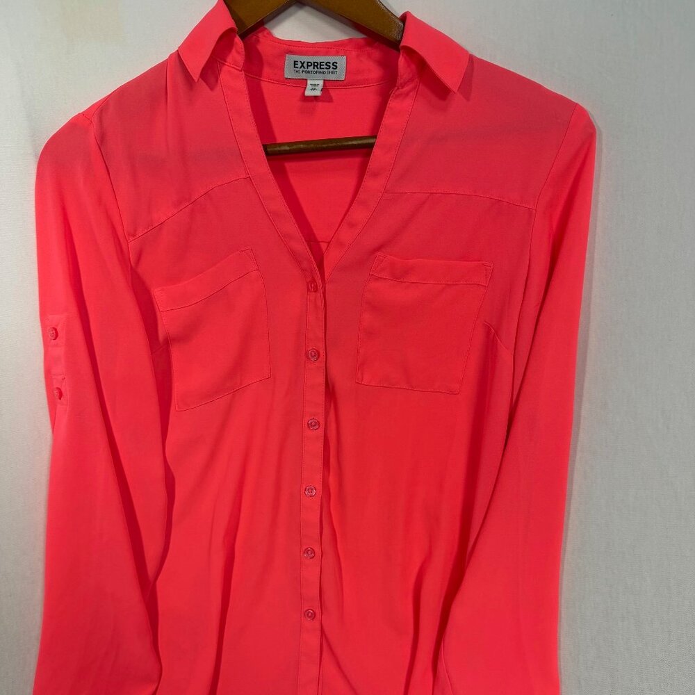Express Portofino Blouse XS Bright Pink Button Front Career Top
